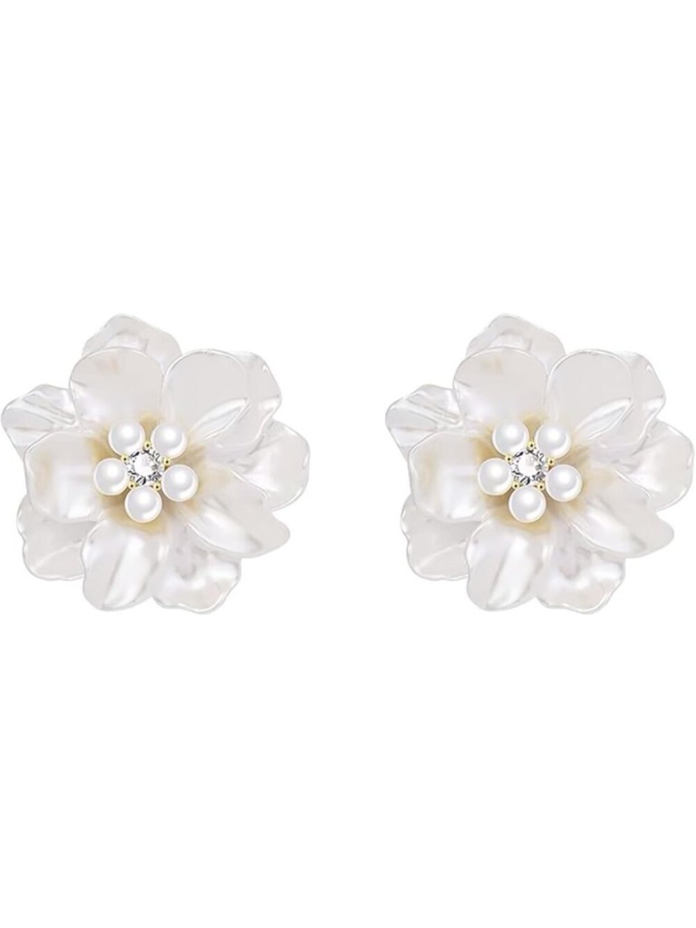 Elegant Pearl Flower Stud Earrings | White Camellia, Faux Pearls, CZ